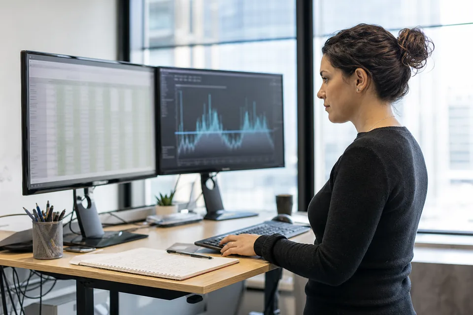 Database engineer comparing an Aurora capacity graph with a cost spreadsheet on two monitors