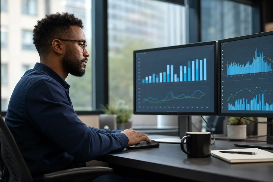Data platform engineer at a desk reviewing a monthly compute spend dashboard on two monitors in a quiet office