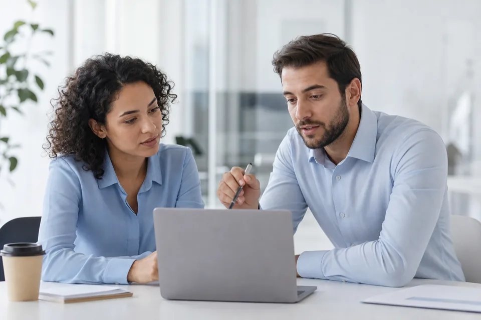 Platform engineer and finance analyst discussing cloud spend at a desk