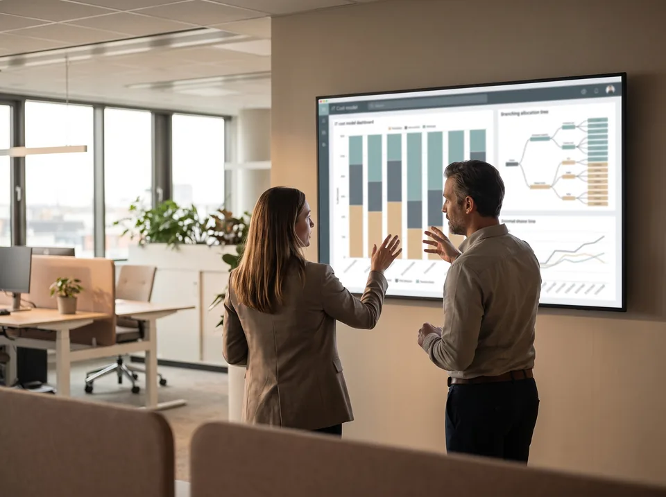IT finance team reviewing an IT cost model dashboard that allocates technology spend to business units