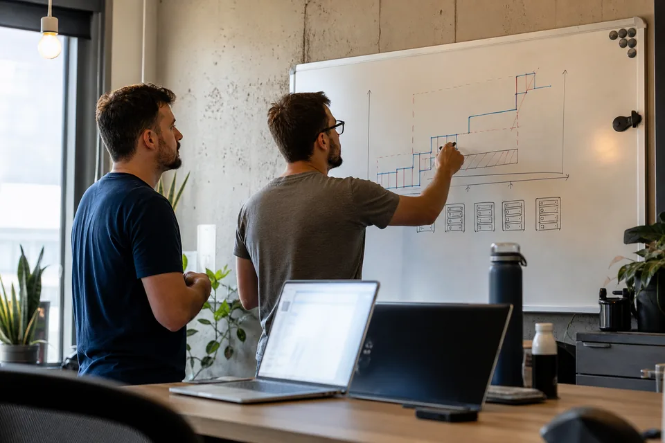 Two platform engineers planning compute capacity at a whiteboard before choosing a commitment management vendor