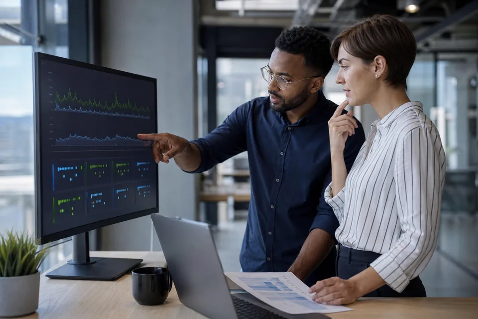Database administrator and FinOps analyst reviewing database instance utilization charts together at a standing desk