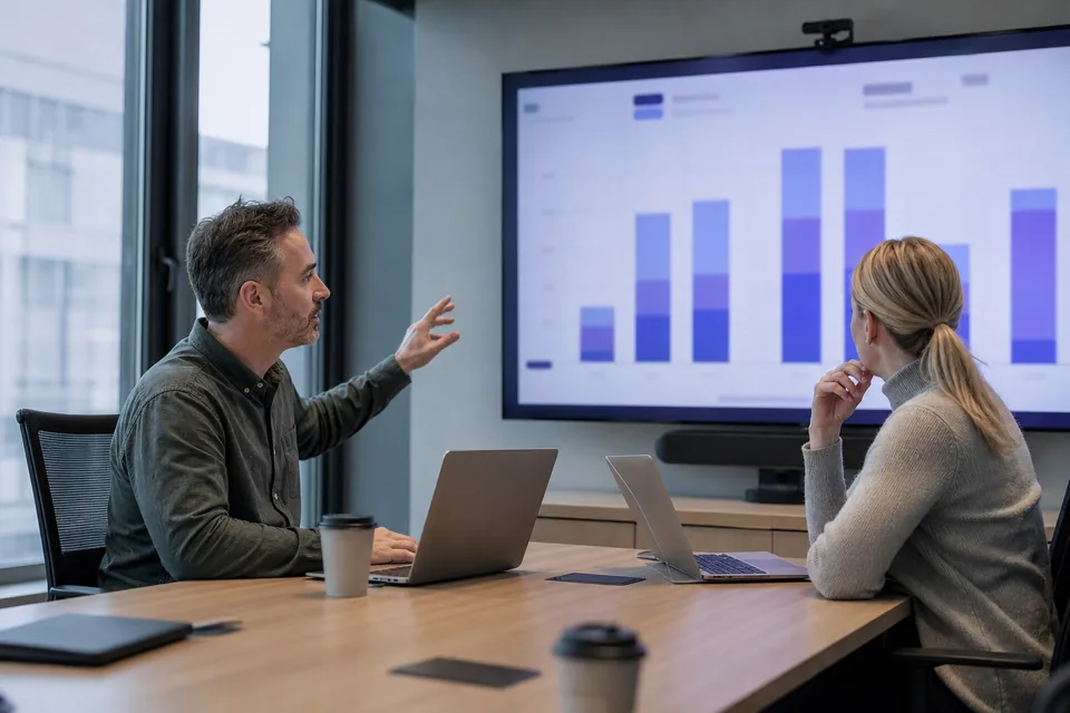 Two data platform engineers reviewing a data warehouse cost dashboard on a wall screen