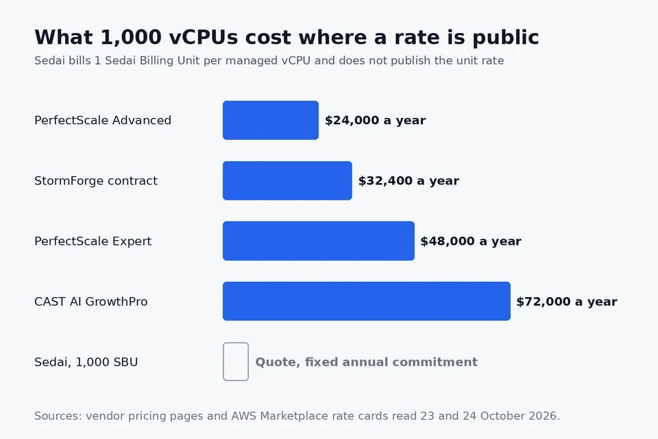 Bar chart of annual list prices for 1,000 vCPUs: PerfectScale Advanced 24,000 dollars, StormForge contract 32,400, PerfectScale Expert 48,000, CAST AI GrowthPro 72,000, and Sedai as quote only